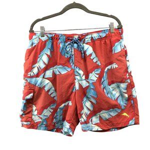 Tommy Bahama Relax Swim Trunks Mens L Red Blue Palm Print Mesh Lined Hawaiian